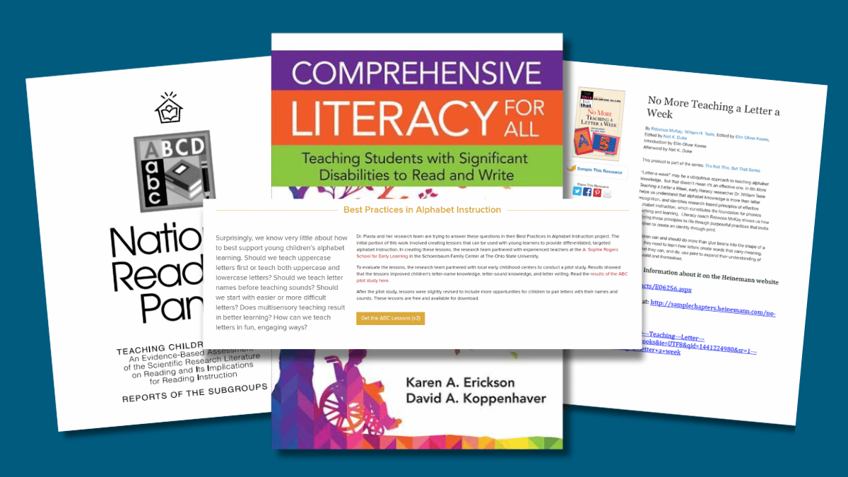 Cover images of research papers and literacy instruction publications for best practices in alphabet instruction