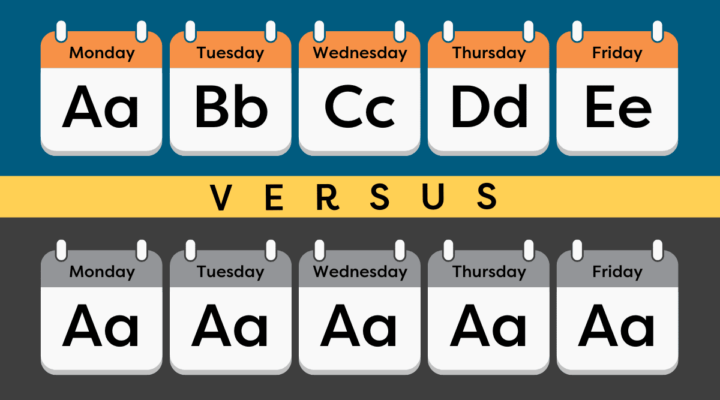 Two calendars with one showing a different letter laught each day vs another calendar with the same letter being taught for the whole week