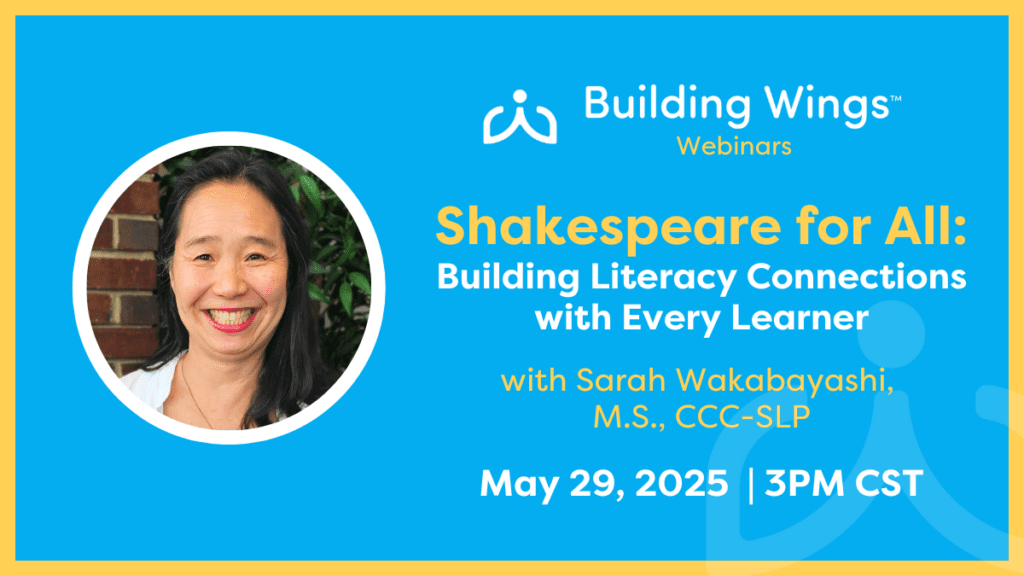 Shakespeare for All Building Literacy Connections with Every Learner with Sarah Wakabayashi 2 Woman smiling, dark hair, dark eyes, webinar title: "Shakespeare for All: Building Literacy Connections with Every Learner