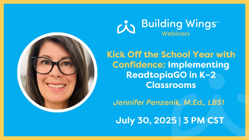 woman smiling, dark hair with glasses, title of webinar "Kick Off the School Year With Confidence Implementing ReadtopiaGO"