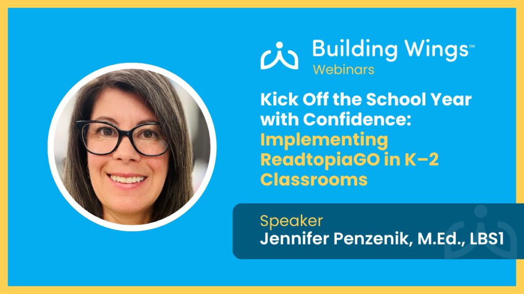 woman smiling, dark hair with glasses, title of webinar "Kick Off the School Year With Confidence Implementing ReadtopiaGO"