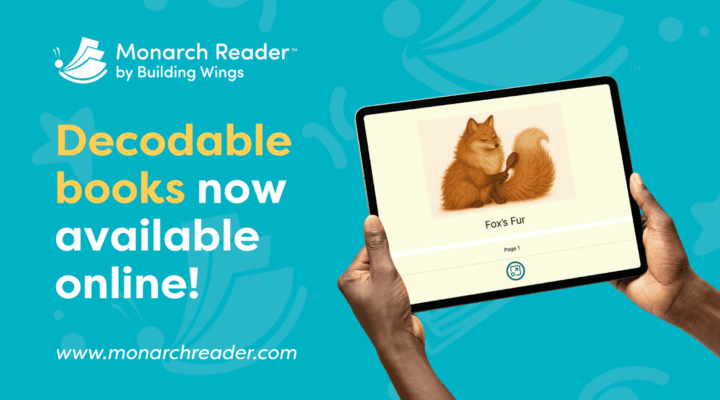 Teal Background, Text reads "Decodable Books Now Available Online!", Hands holding a tablet with a picture of a fox on it.