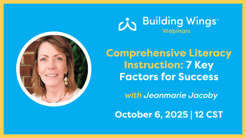 Woman smiling, blue background, title of "Comprehensive Literacy For All Instruction: Seven Key Factors for Success