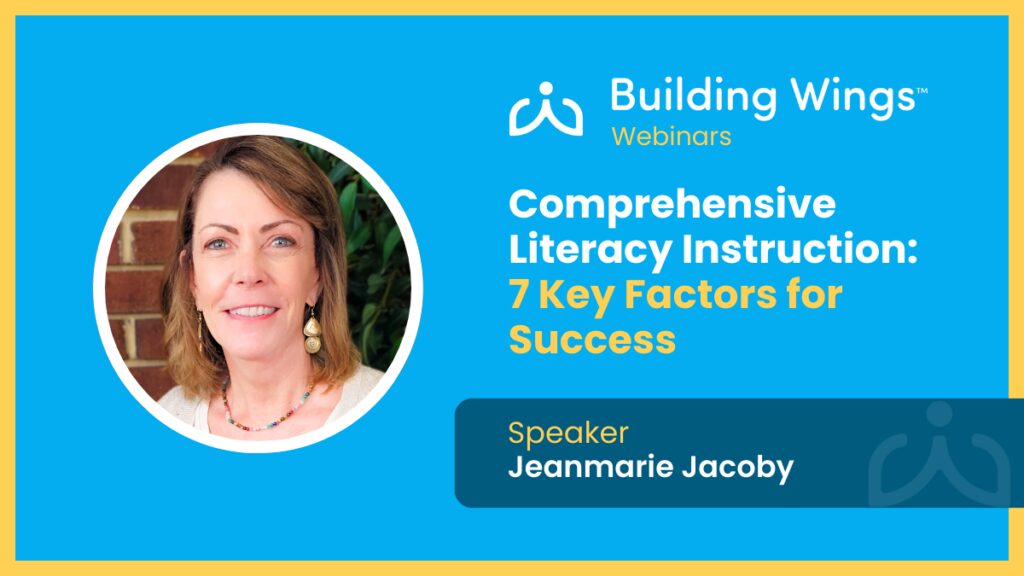 Woman smiling, dark hair, earrings. Test reads "Comprehensive Literacy Instruction: 7 Key Factors for Success"