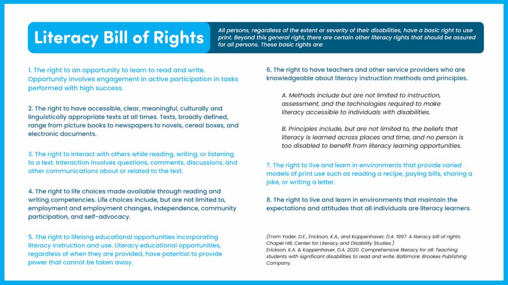 Comprehensive Literacy For All Bill of Rights Image of the Comprehensive Literacy for All Bill of Rights, which details hat every learner is entitled to in their education.