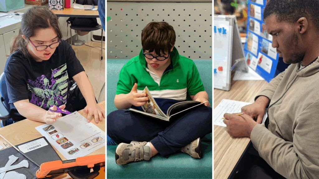 Comprehensive Literacy For All Takeaways Cover three students learning using comprehensive literacy for all, one with a black shirt and book, one with a green shirt and book, one in a tan top and a piece of paper.