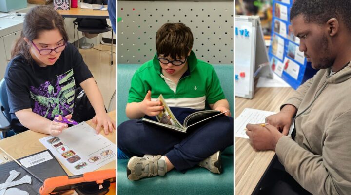 three students learning using comprehensive literacy for all, one with a black shirt and book, one with a green shirt and book, one in a tan top and a piece of paper.