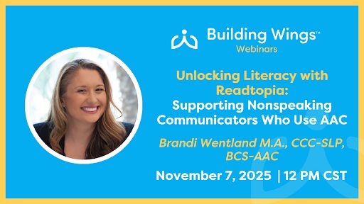 Supporting Non-Speaking Communicators Promo Image Woman smiling, blue background, text reads "Unlocking Literacy with Readtopia: Supporting Nonspeaking Communicators Who Use AAC" Presented By Brandi Wetland