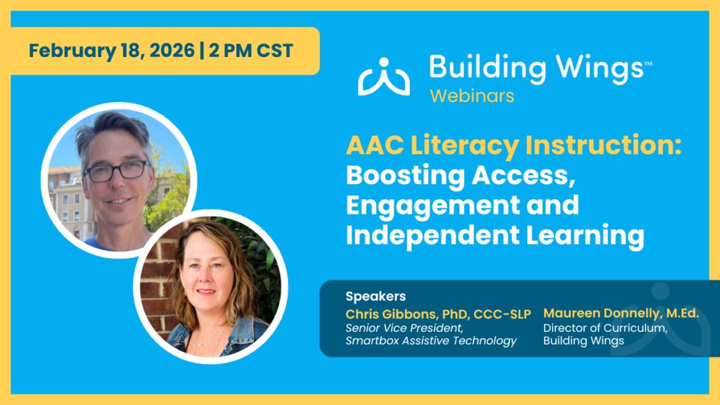 blue background, man and woman smiling. Text reads: "AAC Literacy Instruction: Boosting access, engagement, and independent learning"