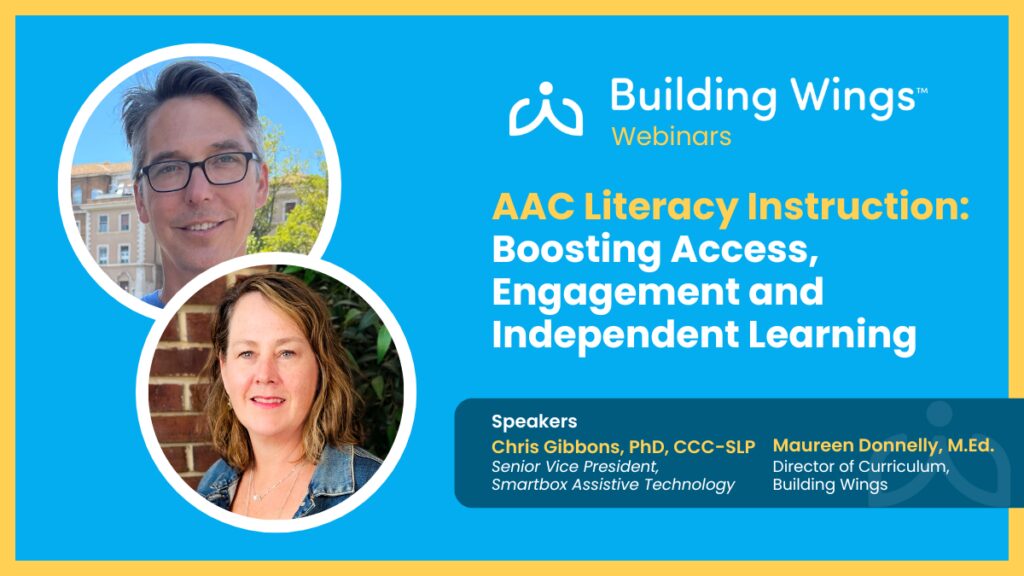 Blue background, man and woman smiling. Text reads: "AAC Literacy Instruction: Boosting access, engagement, and independent learning"