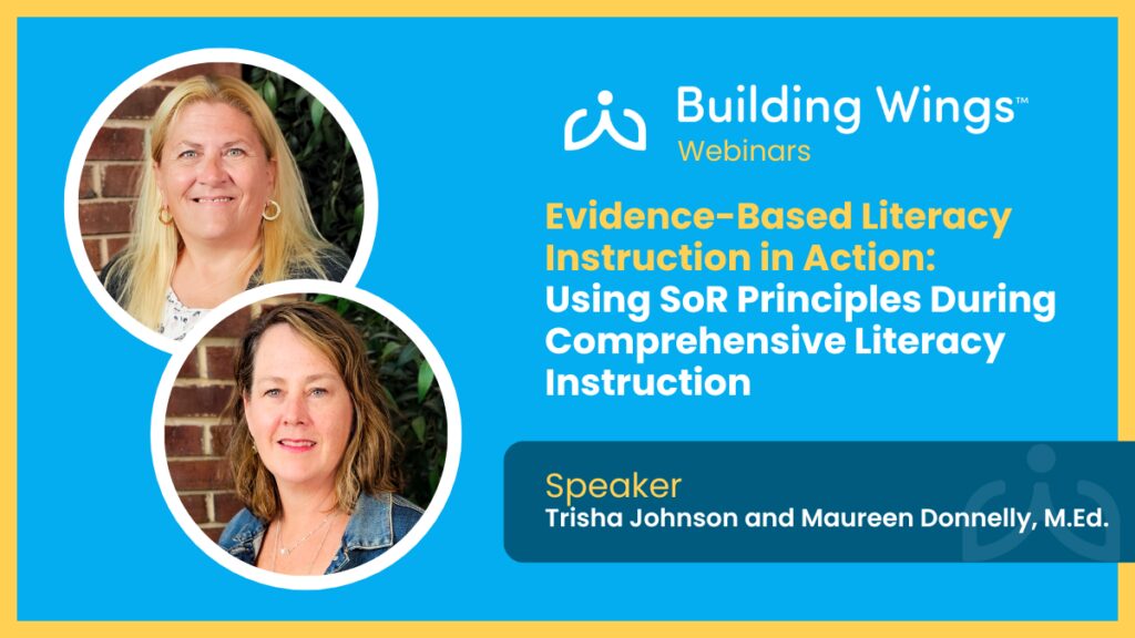 Blue Background, two women smiling,one with long blonde hair and one with shorter brunette hair.