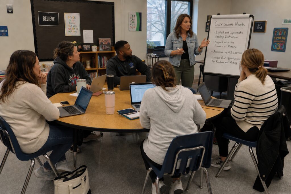 Five teachers sit around a table to discuss choosing the correct special education curriculum for their classrooms.