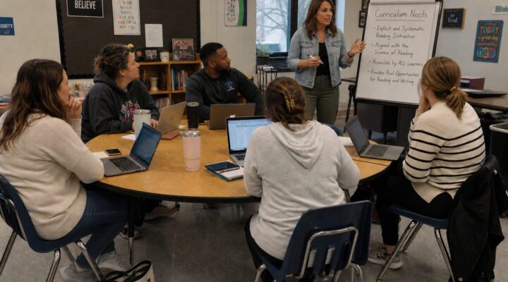 Five teachers sit around a table to discuss choosing the correct special education curriculum for their classrooms.