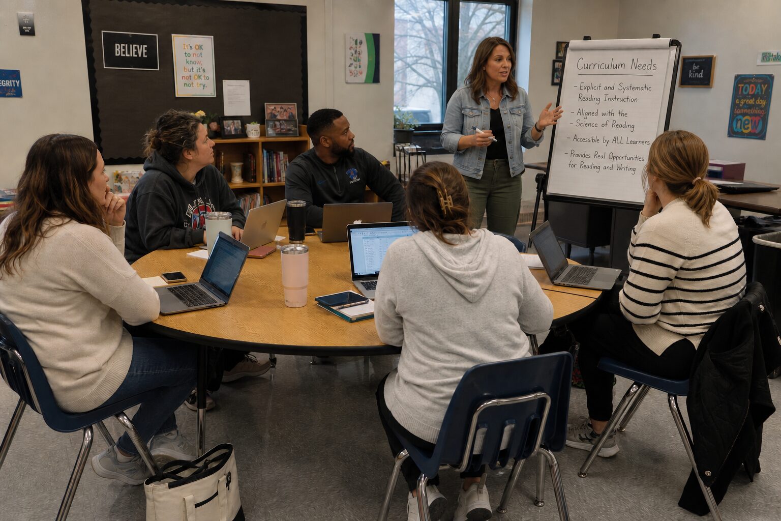 Five teachers sit around a table to discuss choosing the correct special education curriculum for their classrooms.