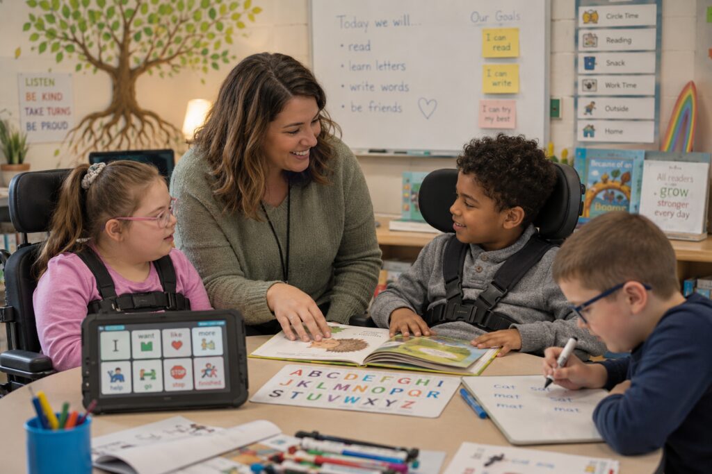 Teacher leading a diverse small-group literacy lesson with students with disabilities using books, AAC devices, alphabet tools, and writing materials in an inclusive classroom.