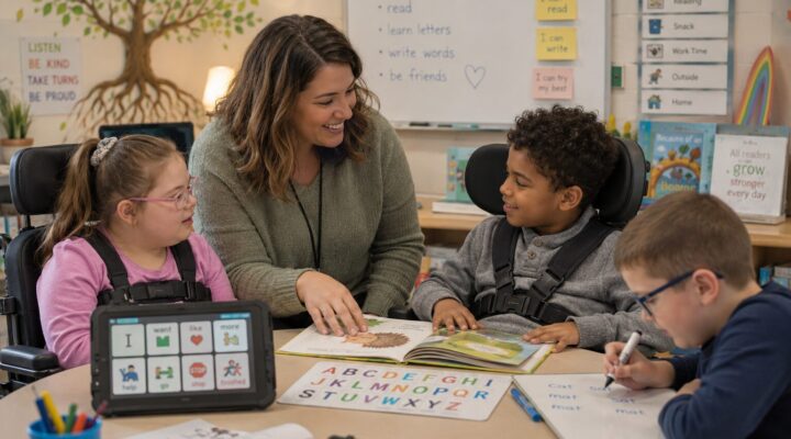 Teacher leading a diverse small-group literacy lesson with students with disabilities using books, AAC devices, alphabet tools, and writing materials in an inclusive classroom.