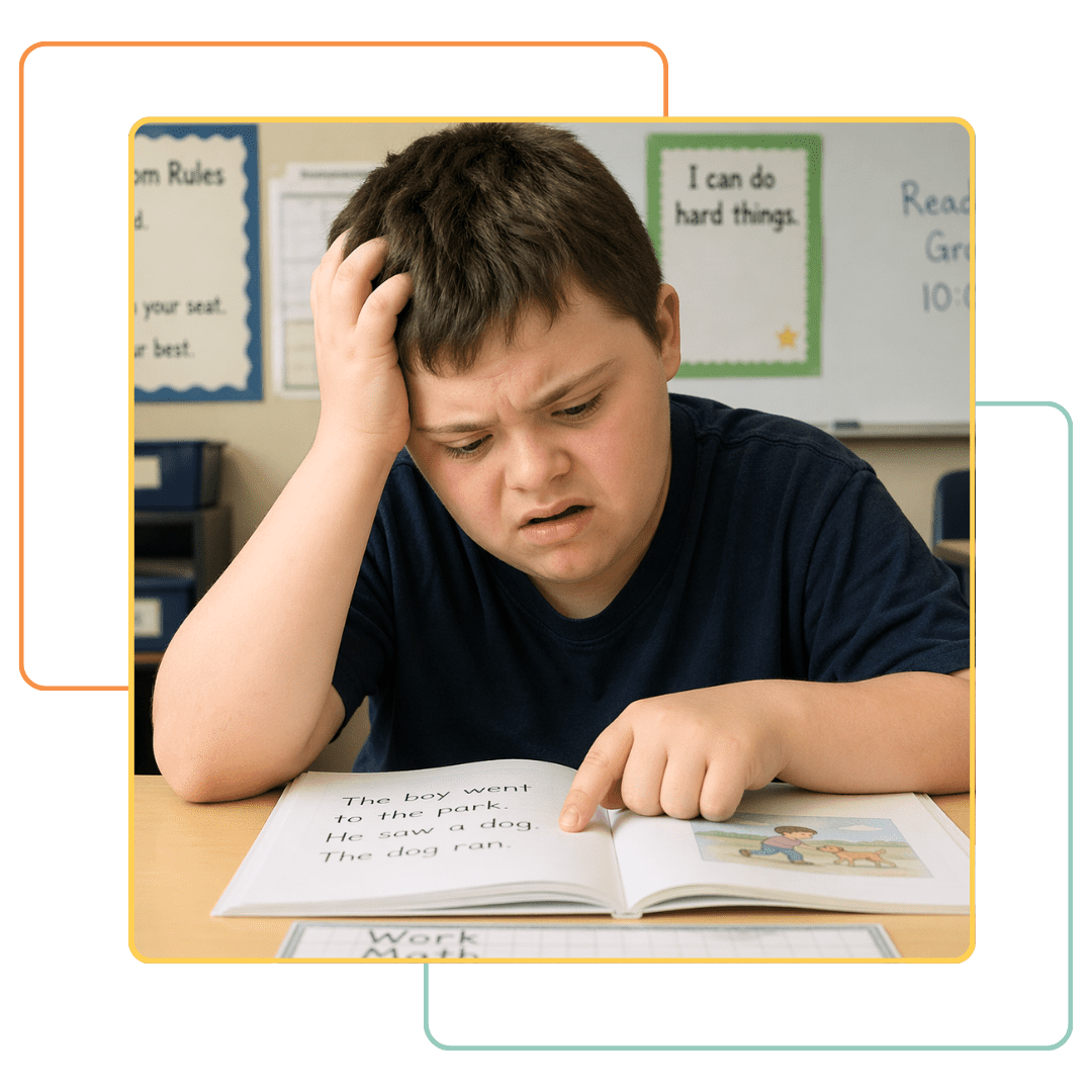Young boy looking frustrated while reading a book at his desk in a classroom