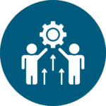 Icon of two people reaching toward a gear with upward arrows representing increased student engagement and active learning in literacy Icon of two people reaching toward a gear with upward arrows representing increased student engagement and active learning in literacy