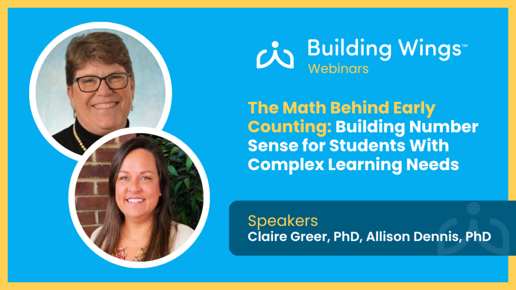 Webinar banner for Building Wings showing two speaker photos and the title about early counting and number sense.
