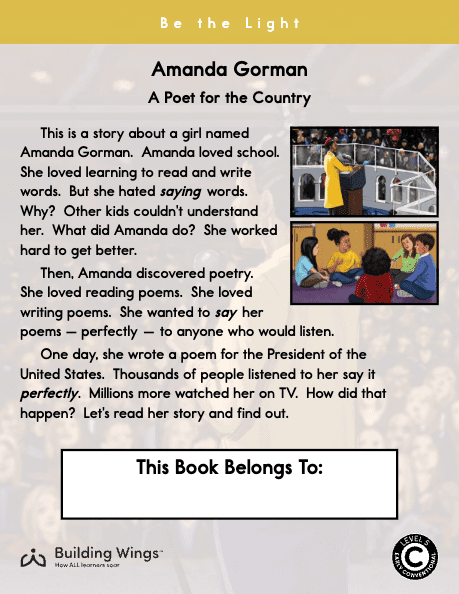 Summary of the content of the Amanda Gorman: Be the Light book in Readtopia with several illustrations of Amanda speaking and interacting with friends