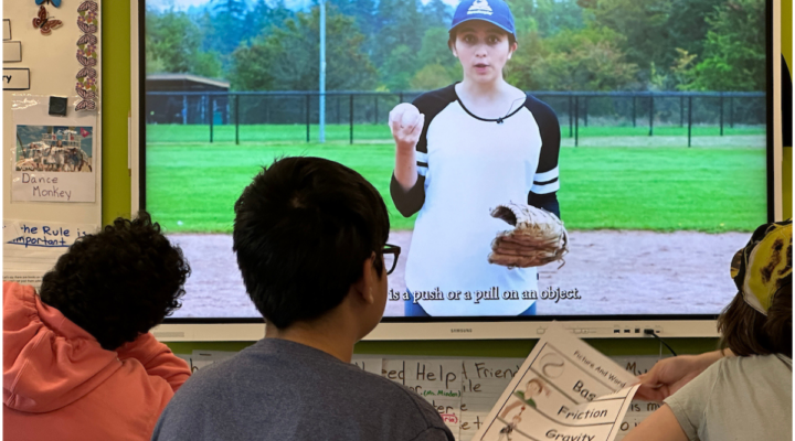 Students watch a baseball video from Casey at the Bat to build background knowledge for a Readtopia literacy lesson.