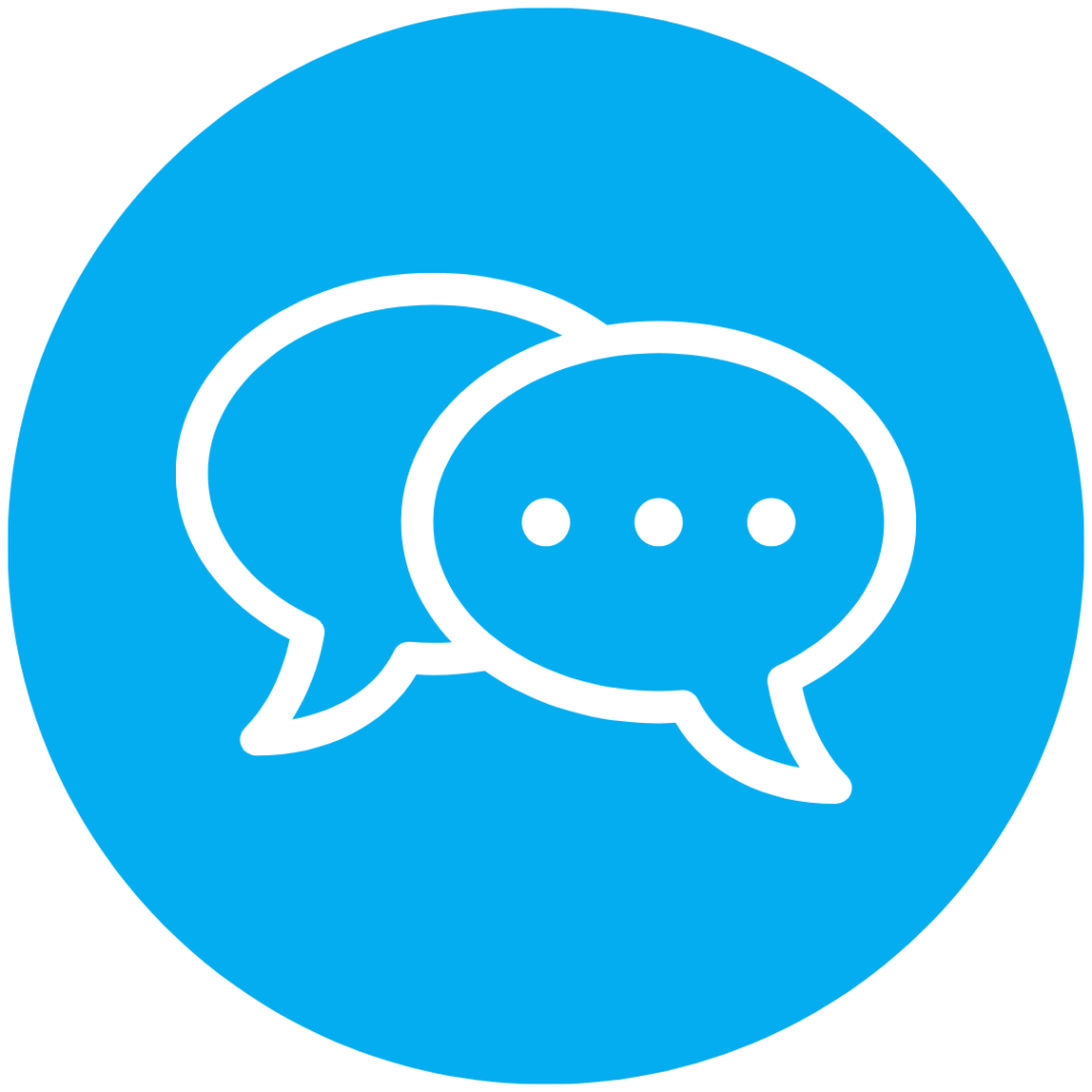 Chat icon: two overlapping speech bubbles on a blue circular background, indicating messaging