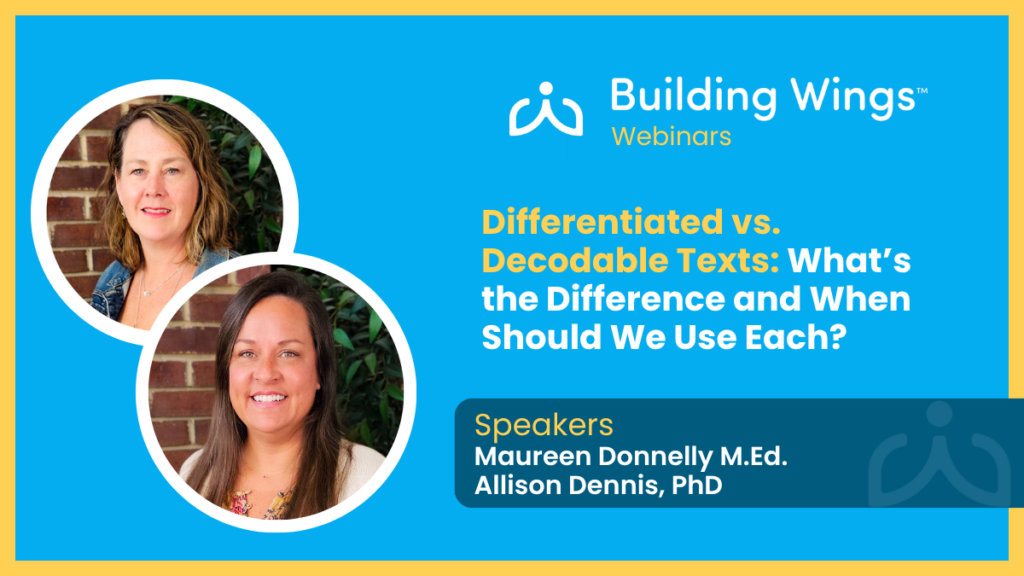 Webinar banner for Building Wings showing two speaker photos and the title about differentiated and decodable texts