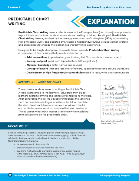 Sample page from Readtopia Teacher Guide showing suggestions for what to say and show during systematic literacy instruction for the Amanda Gorman Readtopia unit