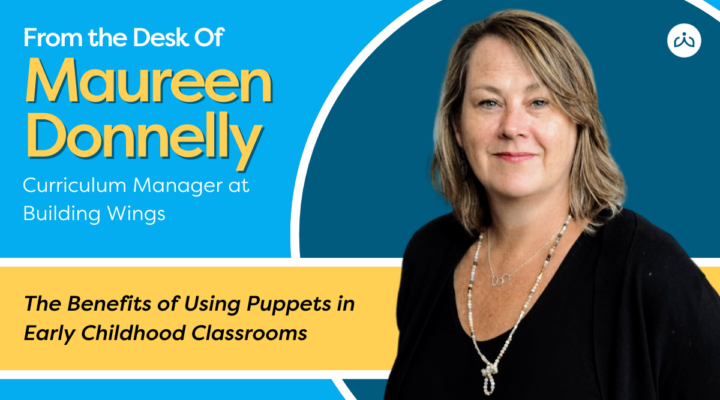 Hero banner featuring a woman on the right with bold blue and yellow design, announcing a Curriculum Manager's talk: The Benefits of Using Puppets in Early Childhood Classrooms.