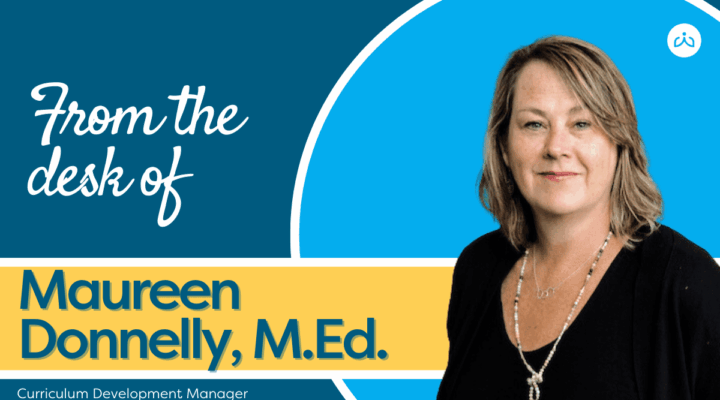 Banner introducing Maureen Donnelly, M.Ed., Curriculum Development Manager, with her photo on the right on a teal/blue background.