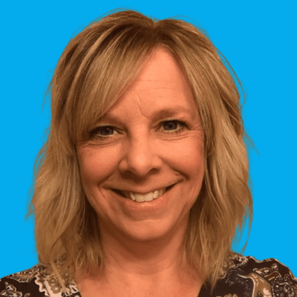 Blue background with a headshot of Jan Pilling, a woman with shoulder-length blonde hair.