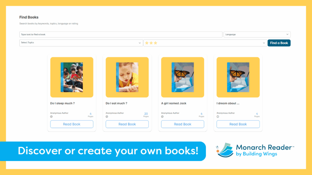 A screenshot from the new Monarch Reader website showing accessible books titled Discover or create your own book.