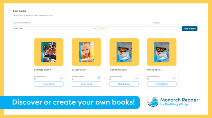 A screenshot from the new Monarch Reader website showing accessible books titled Discover or create your own book.