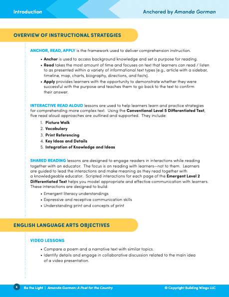 A screenshot of one of the pages in the Educator Manual outlining instructional strategies and ELA objectives