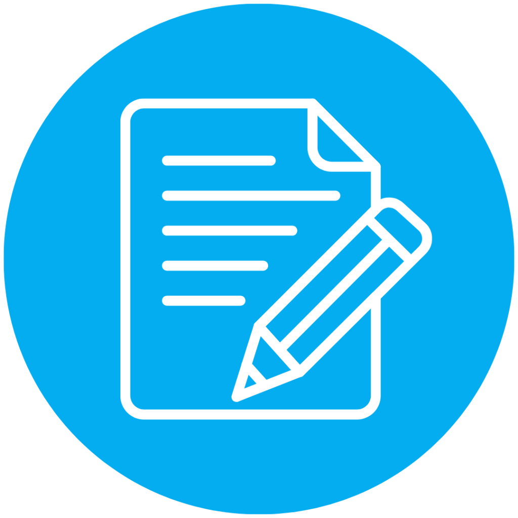 Icon of a document with a pencil, representing writing or editing a document on a blue circle background