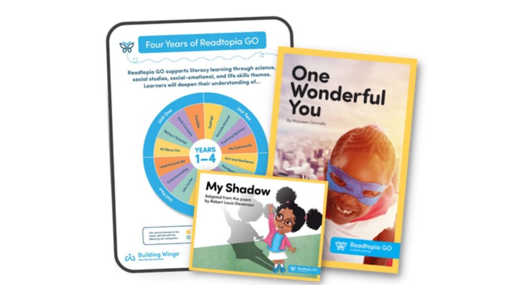 A graphic illustrating three components of ReadtopiaGO: Four years of instruction, the book "One Wonderful You" and the book "My Shadow."