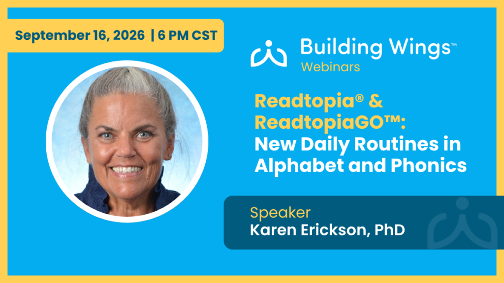Webinar banner for Building Wings showing a speaker photo and the title for new daily routines in alphabet and phonics