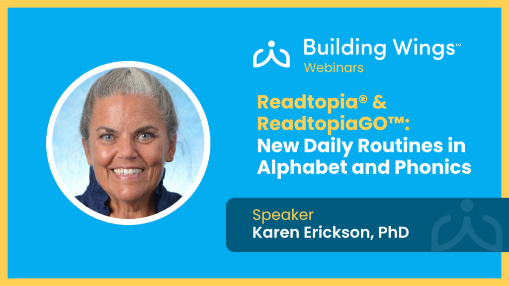 Webinar banner for Building Wings showing a speaker photo and the title for new daily routines in alphabet and phonics