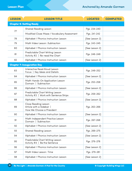 A screenshot of a few of the lesson plans for educators included in the Readtopia Unit anchored by the story of Amanda Gorman with lesson number, title and page number in the Educator's Guide.