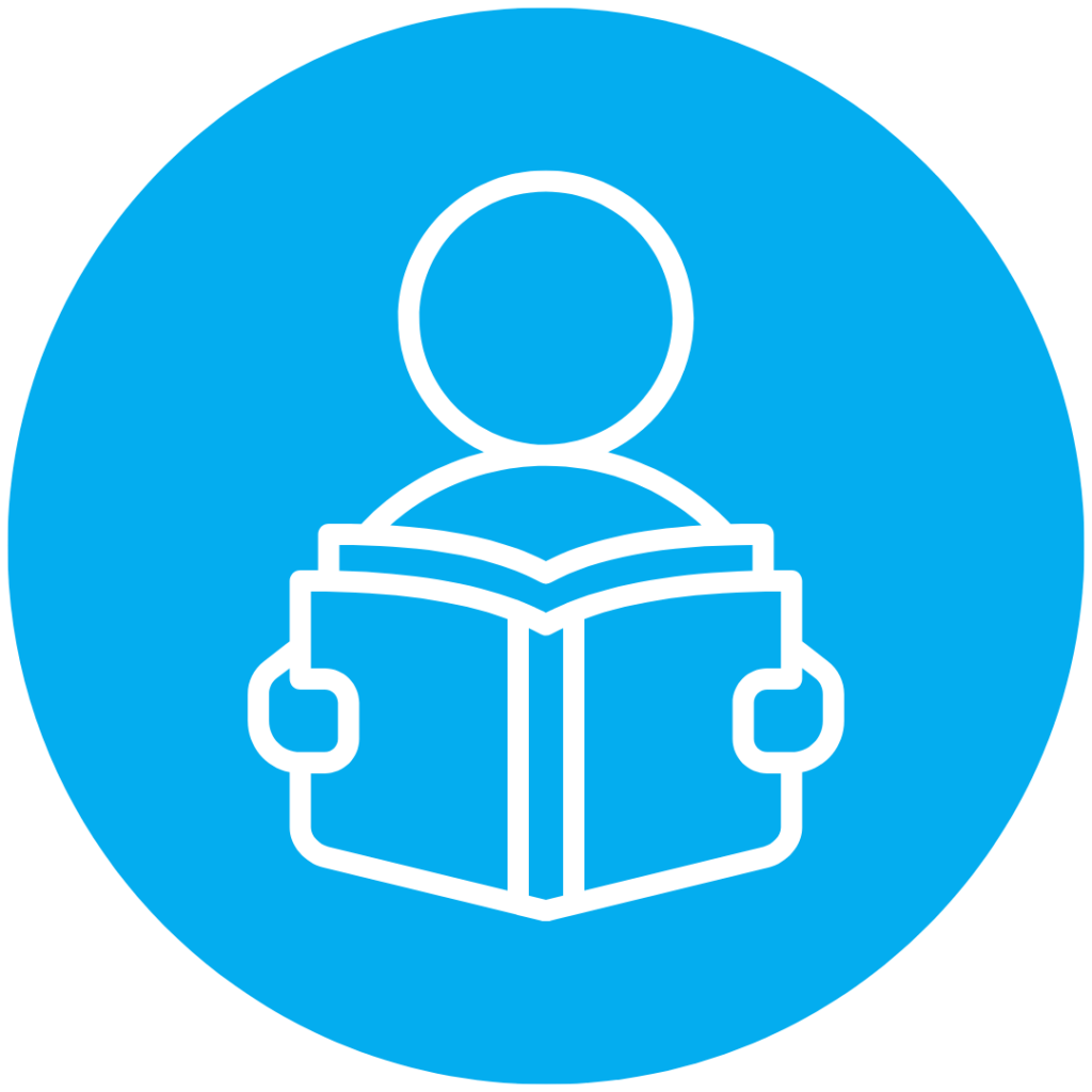 Icon of a person reading an open book on a blue circular background, indicating reading or education