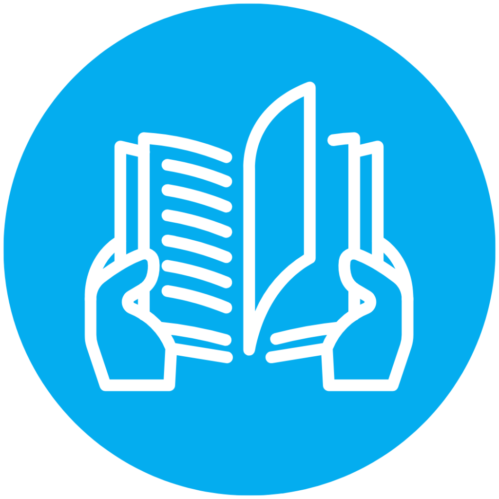 White line drawing of two hands holding an open book against a blue circular background, representing reading or learning