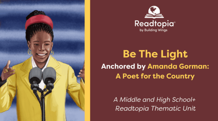 Illustration of Amanda Gorman and title of the Readtopia Structured Literacy Instruction Unit, Be The Light anchored in Amanda's story