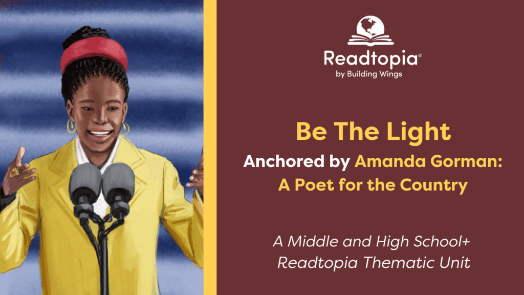 Illustration of Amanda Gorman and title of the Readtopia Structured Literacy Instruction Unit, Be The Light anchored in Amanda's story
