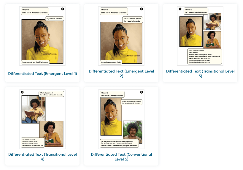 Screenshot from five different versions of the Amanda Gorman Readtopia story written with differentiated text sets.
