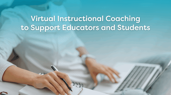 Educator takes notes while participating in virtual instructional coaching to support teachers and students.