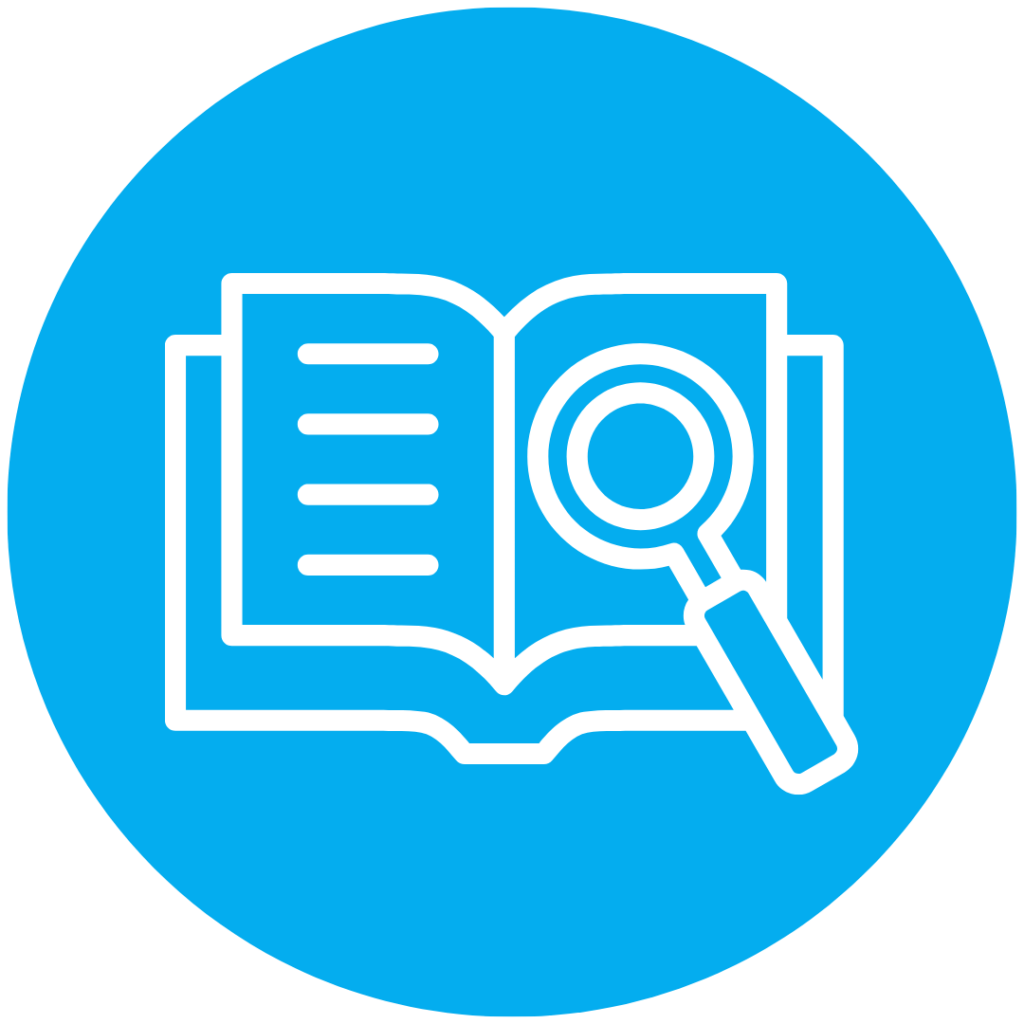 Open book with a magnifying glass, representing research or study