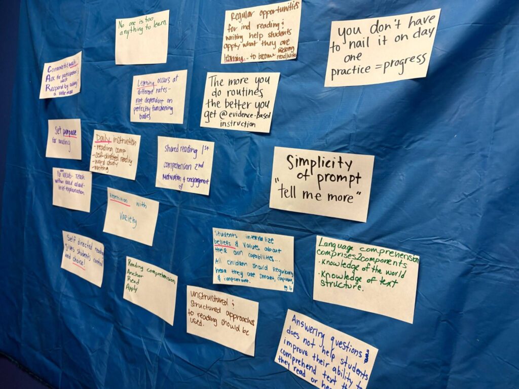 Handwritten notes displayed on a blue background share educators’ literacy book study takeaways about practice, progress, comprehension, routines, communication, and student learning.