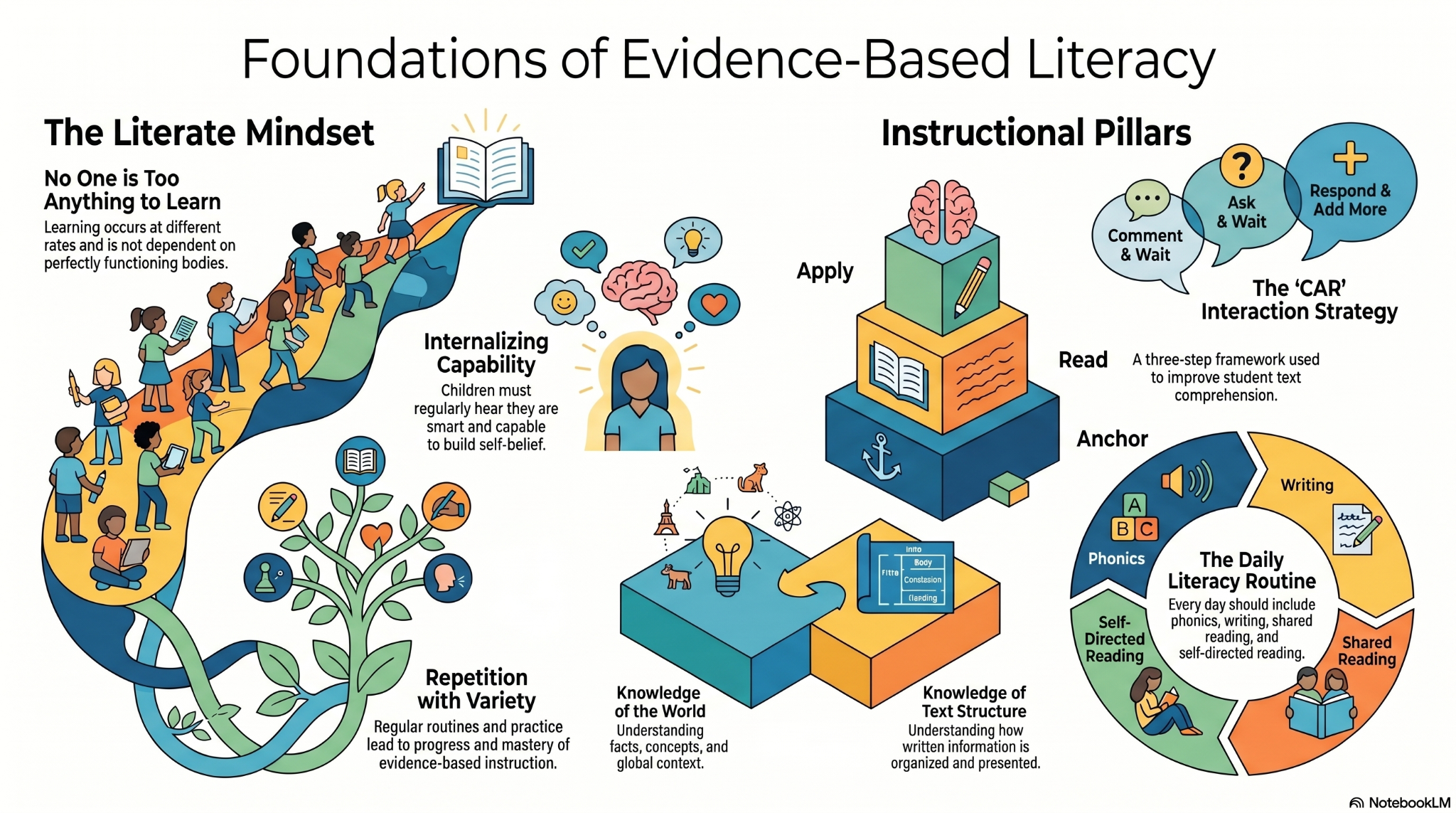 Illustration of evidence-based literacy foundations, including a literate mindset, repetition with variety, internalizing capability, instructional pillars, the CAR strategy, and daily literacy routines.