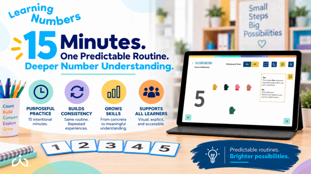 Graphic describing how a fifteen minute learning numbers routine can help build number sense when done consistently.