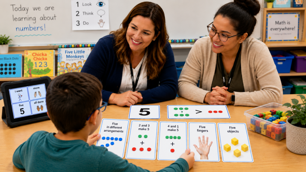 two teachers help a young student with a counting activity to help build number sense with hands-on instruction.